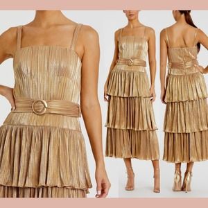NWT $398 IEENA Mac Duggal [ 8 ] Ruffle Tiered Buckle Detail‎ Dress Gold